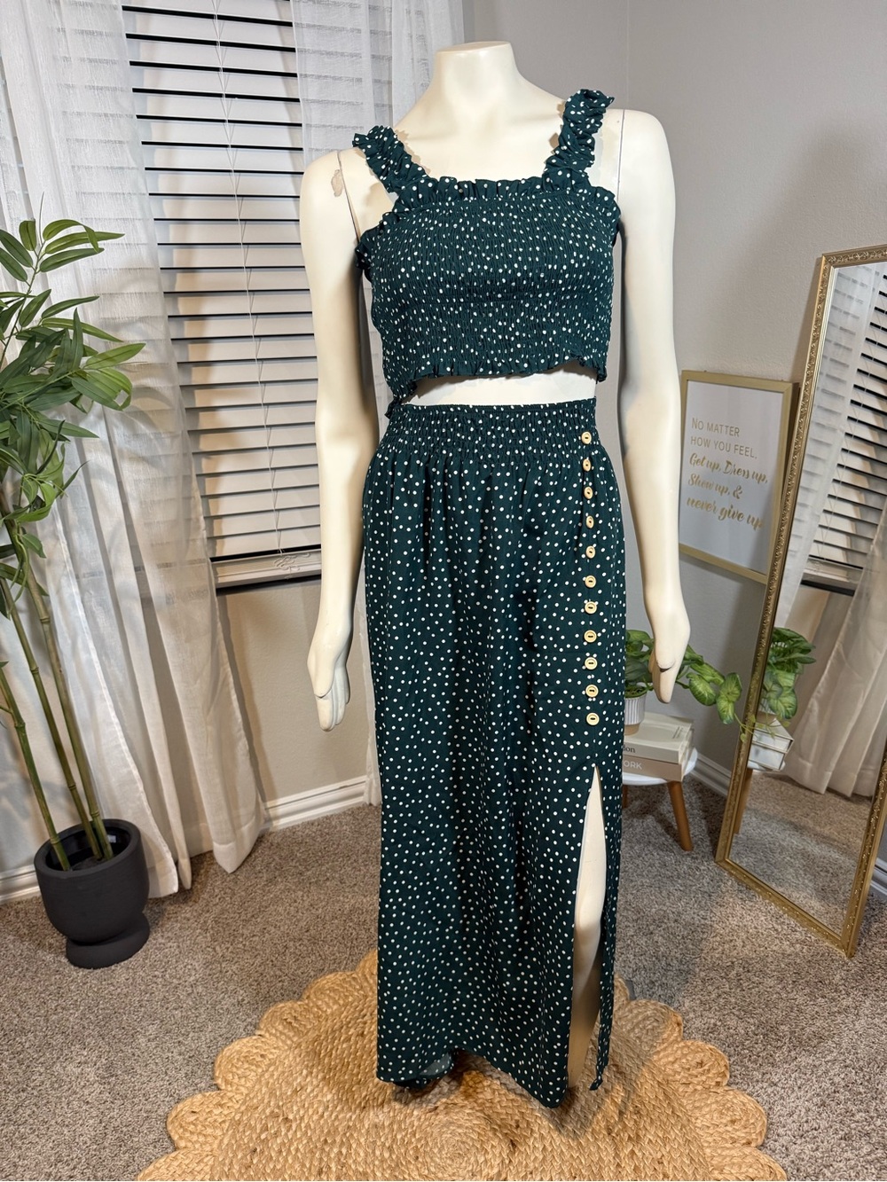 SHEIN Curve Green Polka Dot Two-Piece Crop Top & Maxi Skirt Set – Size 0XL